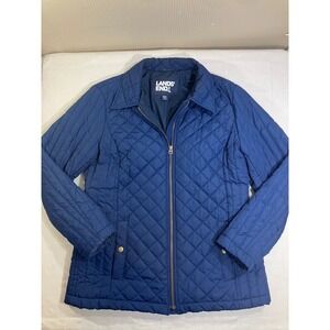 Lands' End Womens Navy Blue Quilted Barn Jacket PrimaLoft Size M 10-12 Full Zip